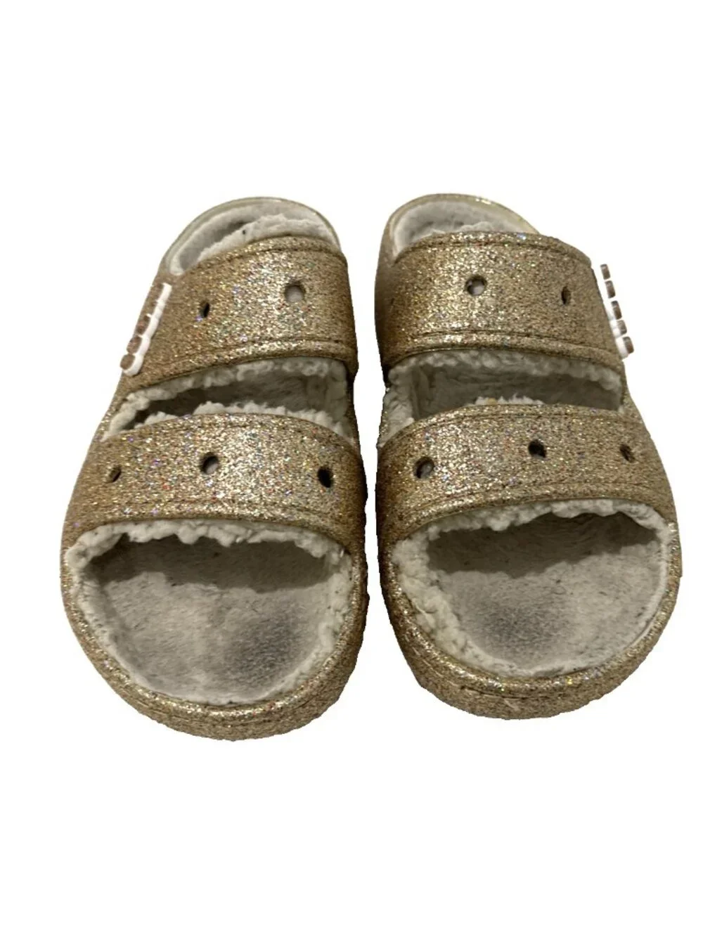 Crocs Gold Glitter Fuzzy Lined Slip On 2 Strap Sandal Slides Mens 9 Womens 11
